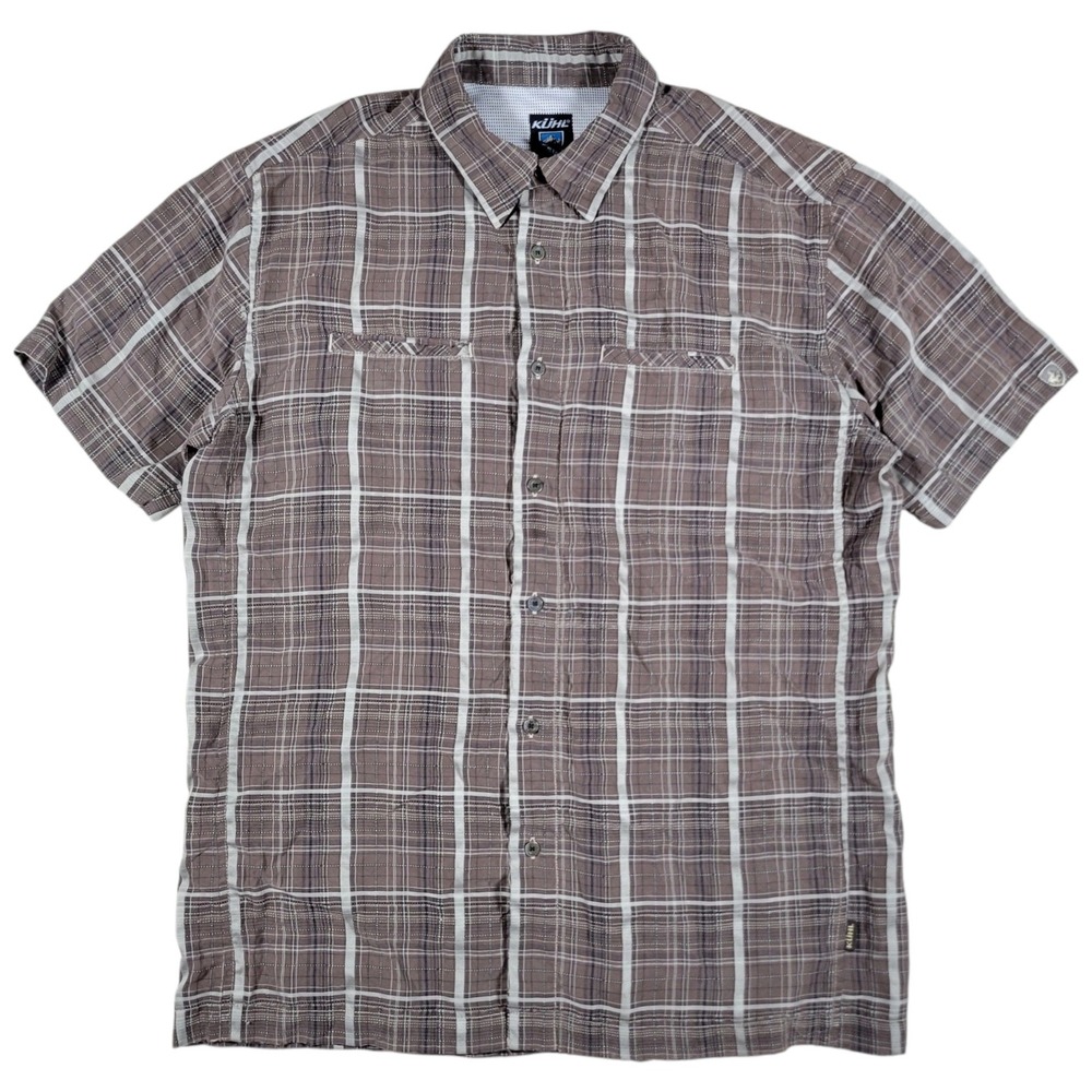 Kuhl Button Up Shirt Mens L Brown Plaid Short Sleeve Modal Blend Outdoor Hiking